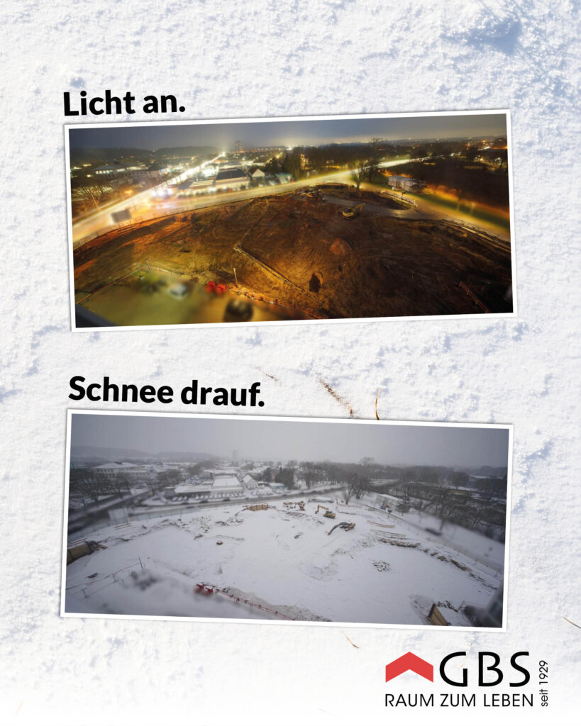 Licht an: Foto der Baustelle im Dunkeln. Schnee drauf: Foto Baustelle im Schnee.