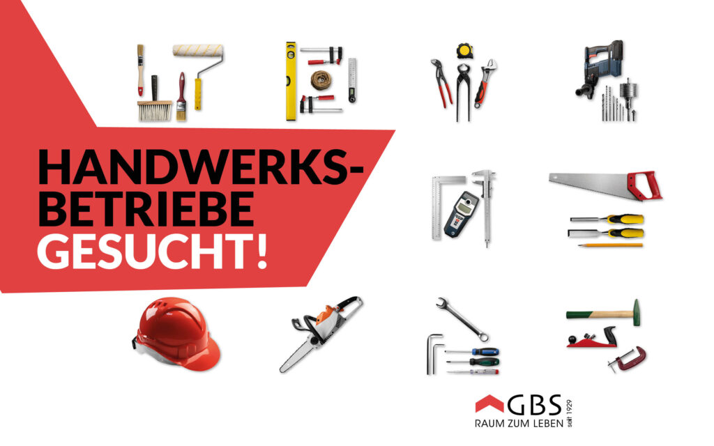 Grafik der GBS Saarlouis mit verschiedenen Werkzeugen und dem Aufruf „Handwerksbetriebe gesucht!“