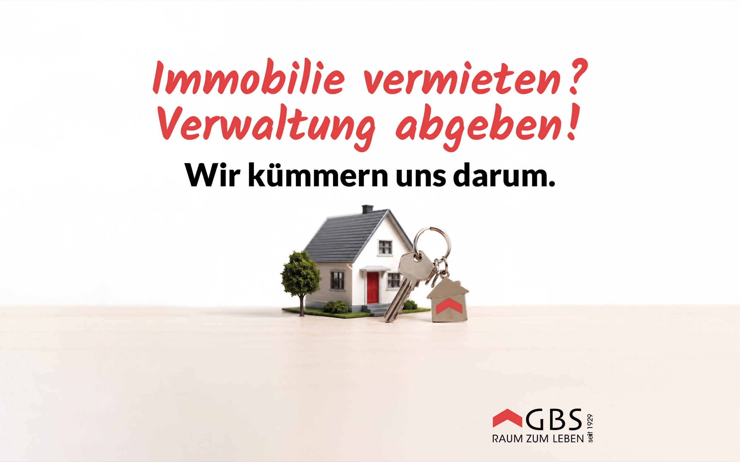 Grafik mit Haus und Schlüsseln: Immobilie vermieten? Verwaltung abgeben! Wir kümmern uns darum.